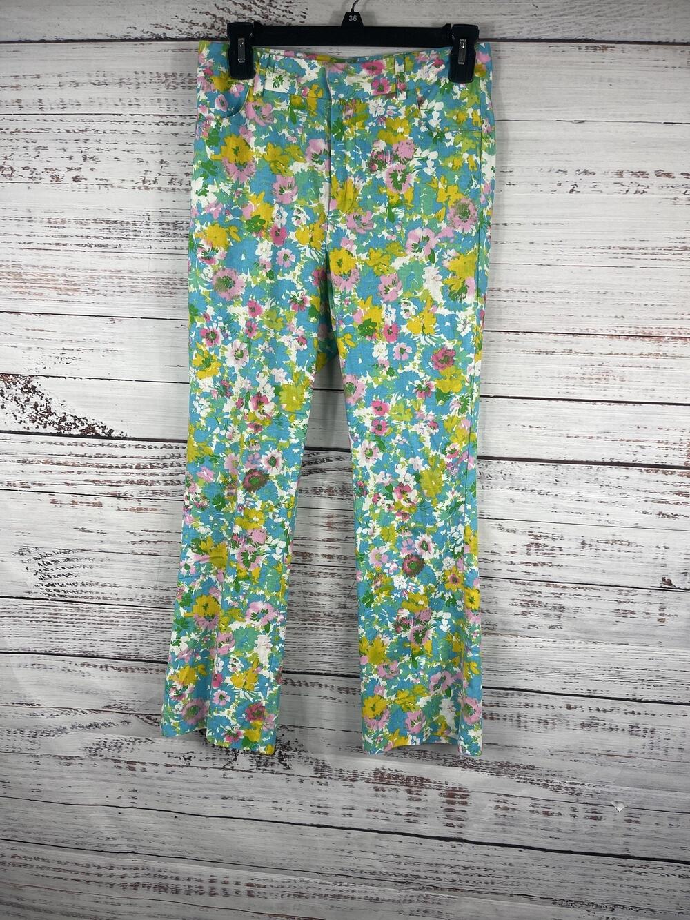 Zara Pants Women's SZ 4 Blue Floral Print Cropped Bootcut Colorful Summer Resort
